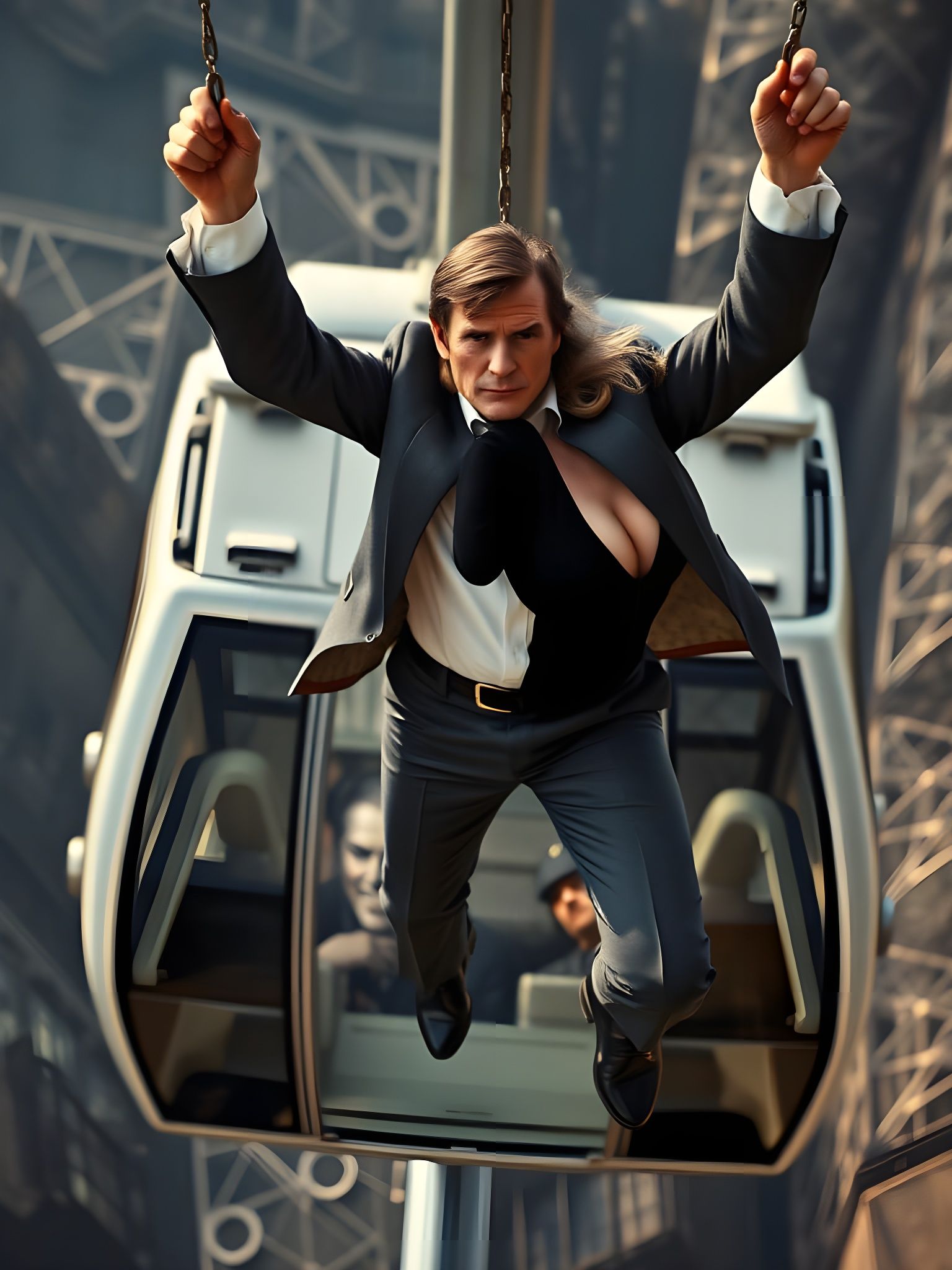 James Bond Suspended in Mid-Air, Gazing Directly at the View...