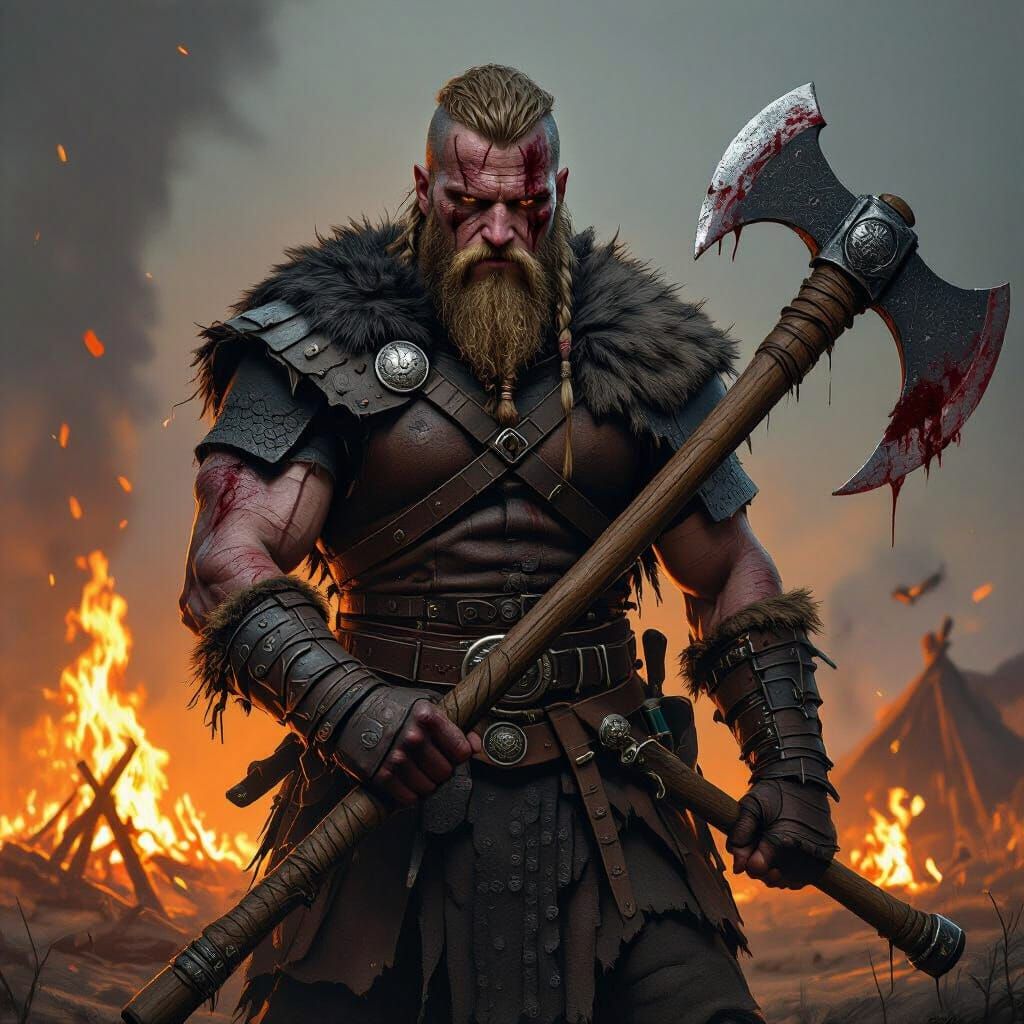 Viking Warrior with Axe in Hyper-Realistic Impasto Style