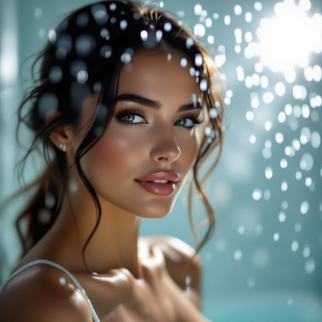 Woman Through Frosted Glass in Steamy Bathroom