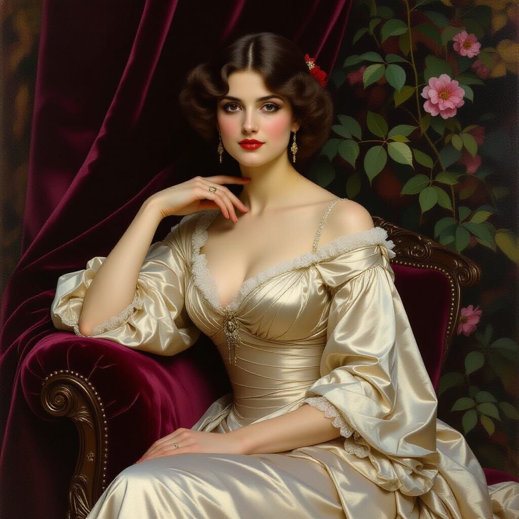 Elegant Woman in Velvet, Academic Style Portrait