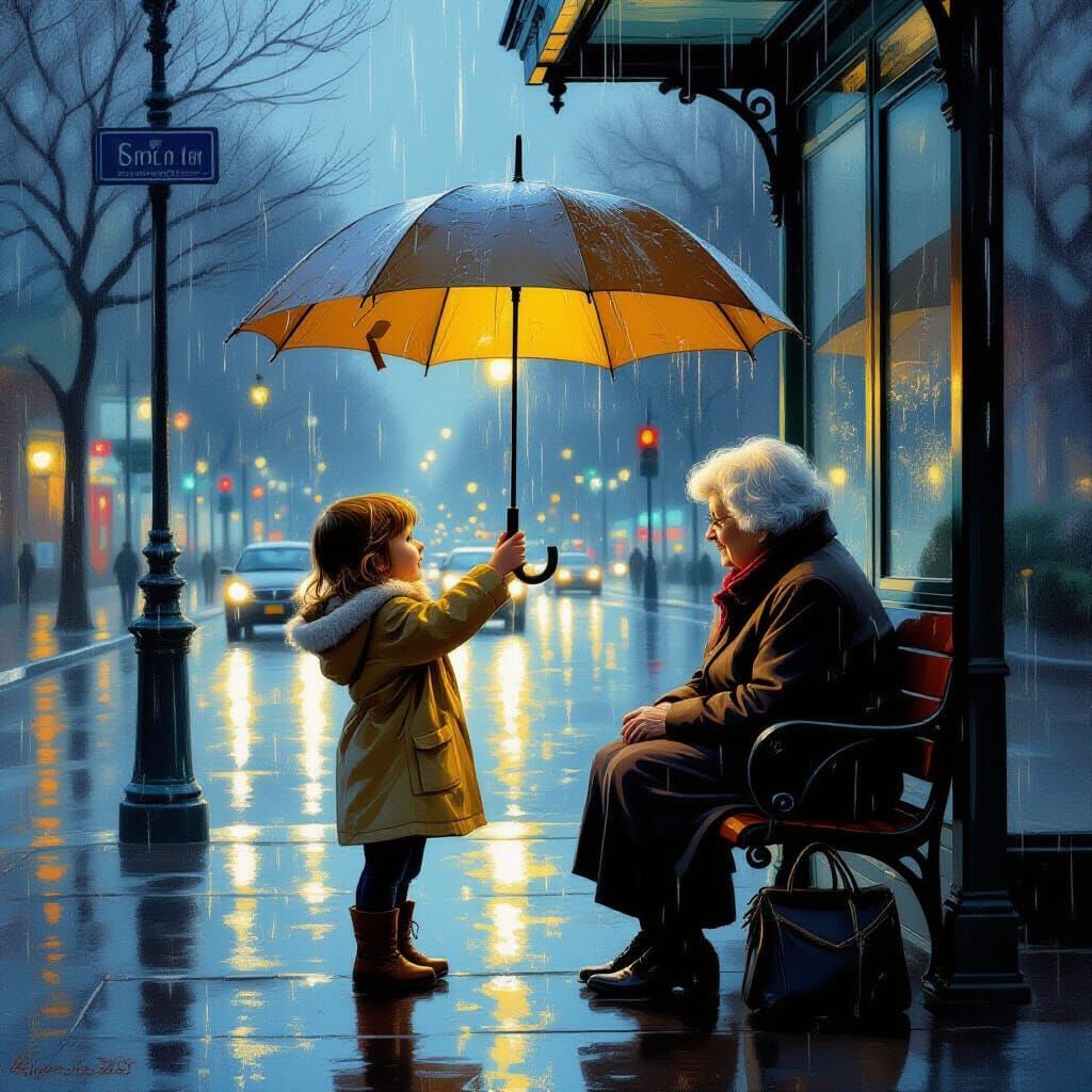 Child Shields Old Woman from Rain at Bus Stop