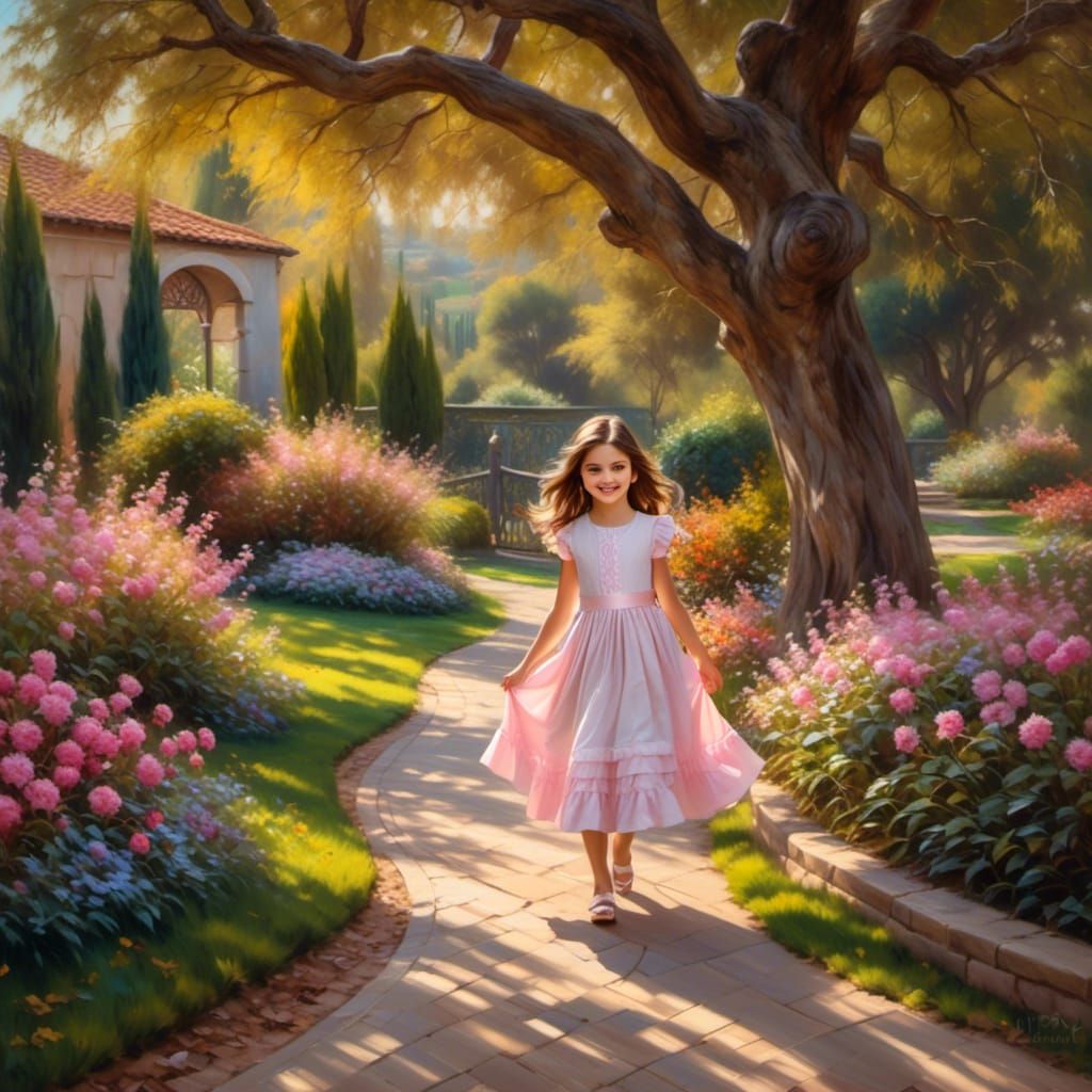 Impressionist Girl in Sunny Garden, Monet Style