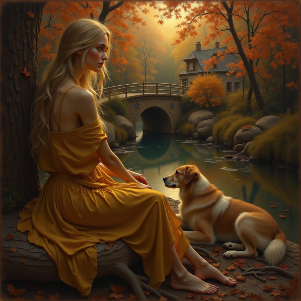 Woman Contemplating River Landscape with Dog in Twilight