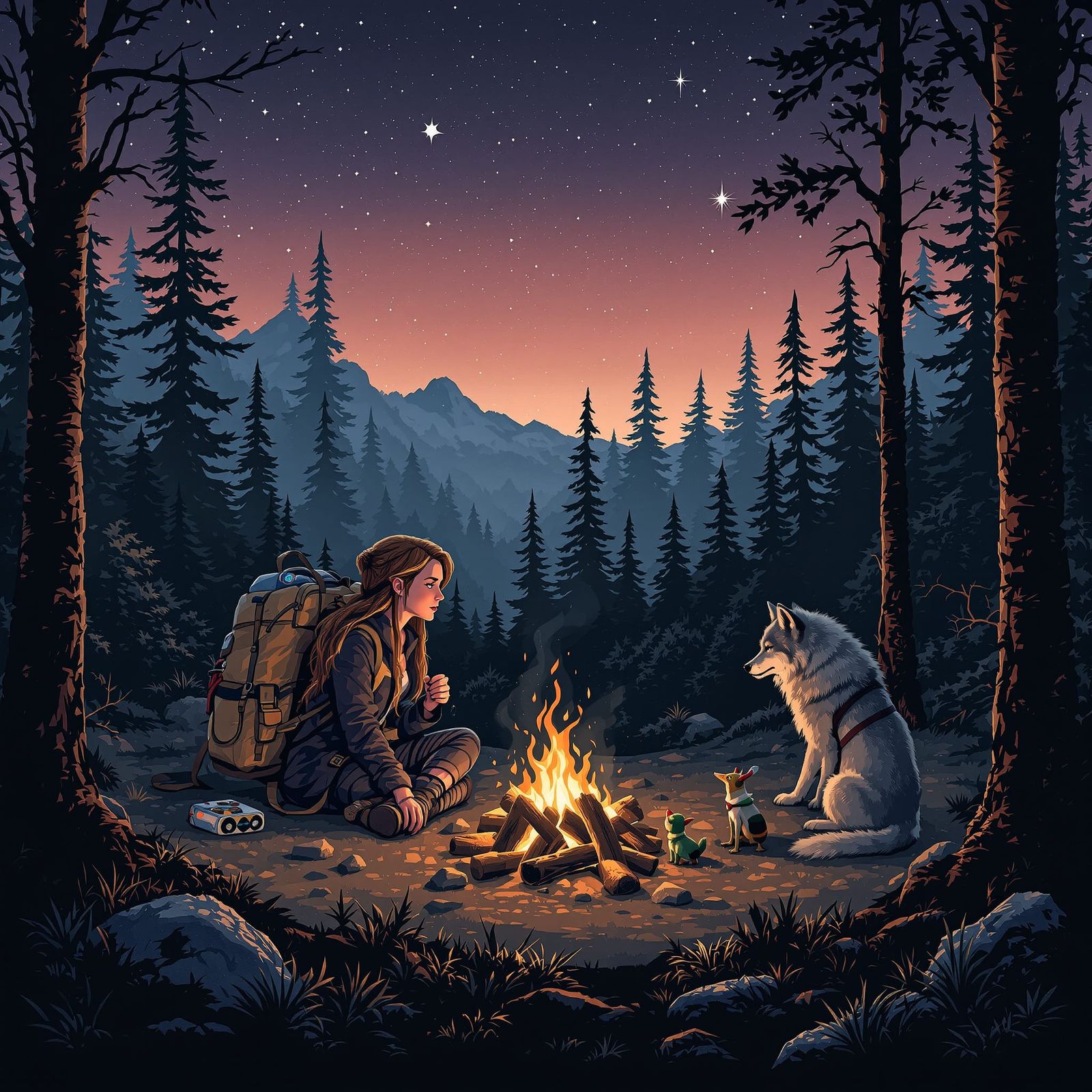 Teen Traveler's Magical Forest Campfire Scene