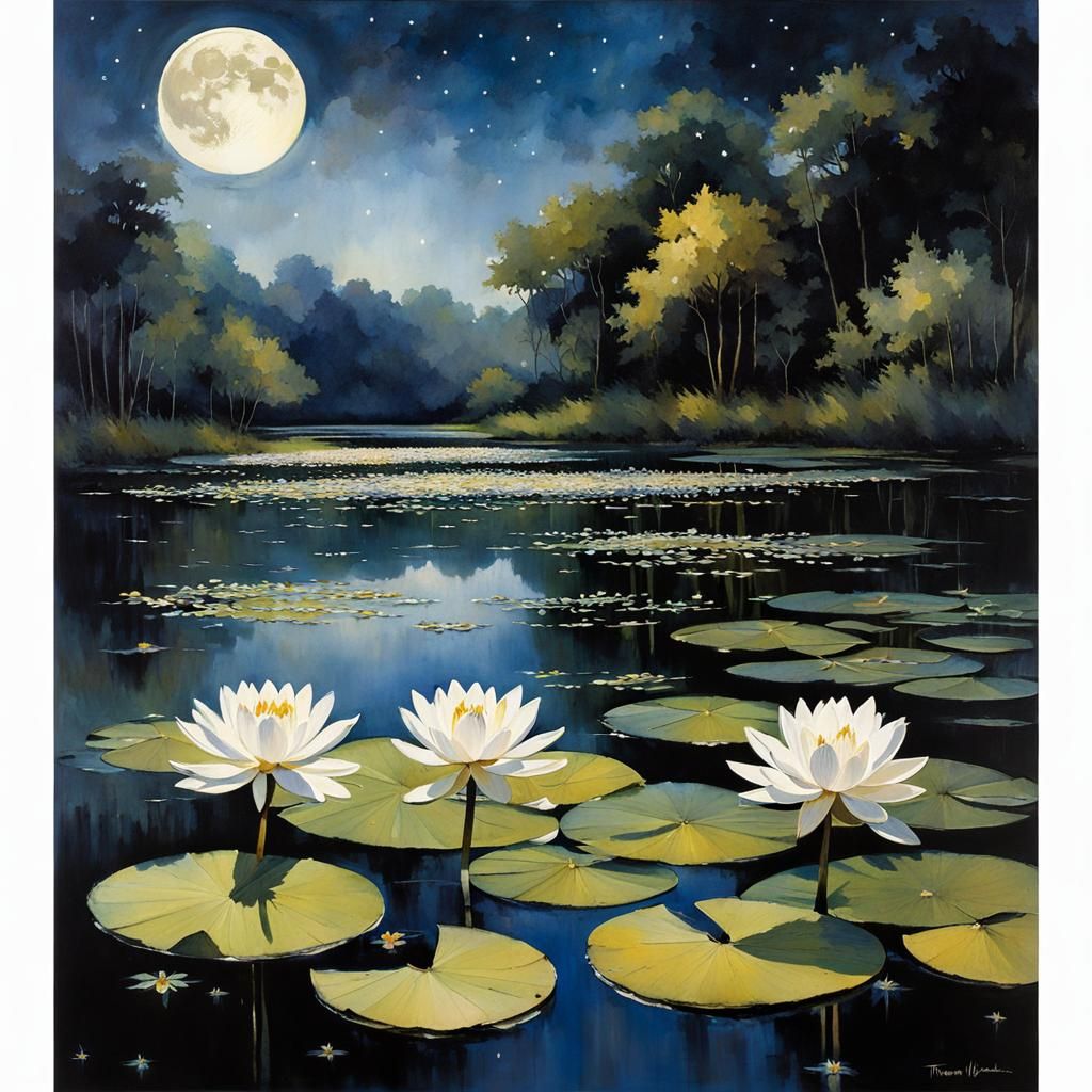 Water Lilies on Peaceful Lake with Fireflies