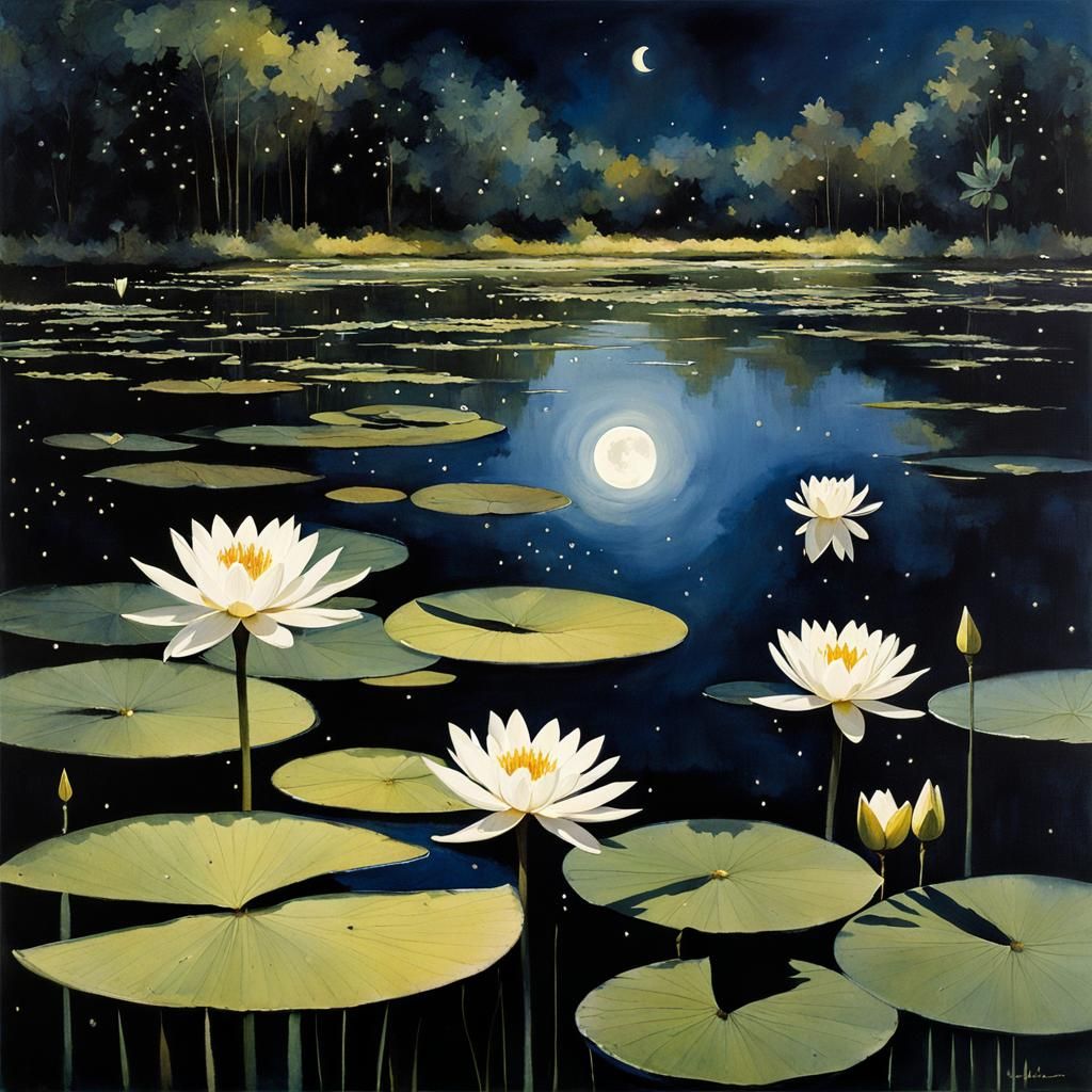Water Lilies on Lake with Fireflies, Intricate Watercolor