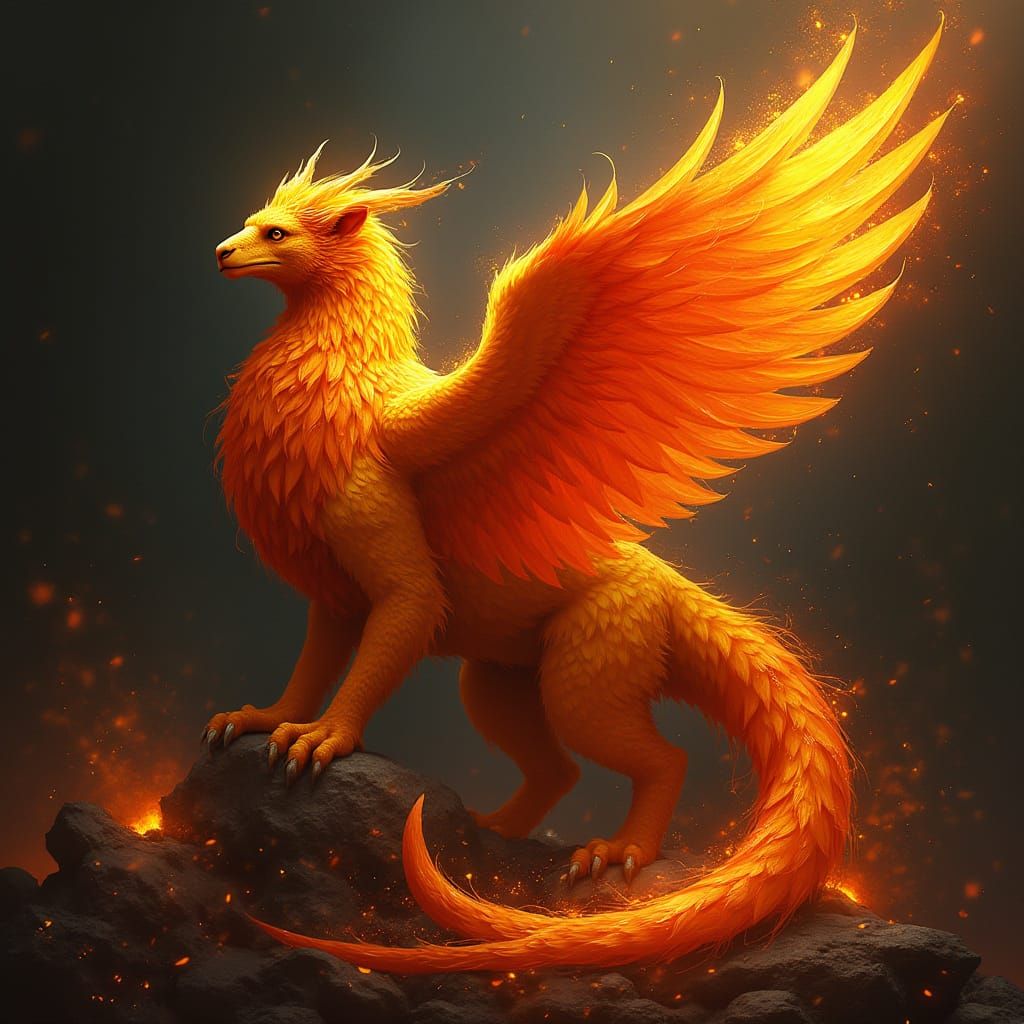 Majestic Lion-Phoenix in Vibrant, Smoldering Splendor