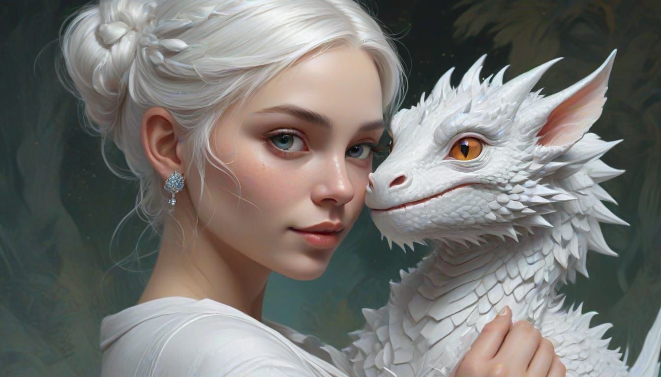 Woman With Sparkling Baby Dragon in Gouache Style