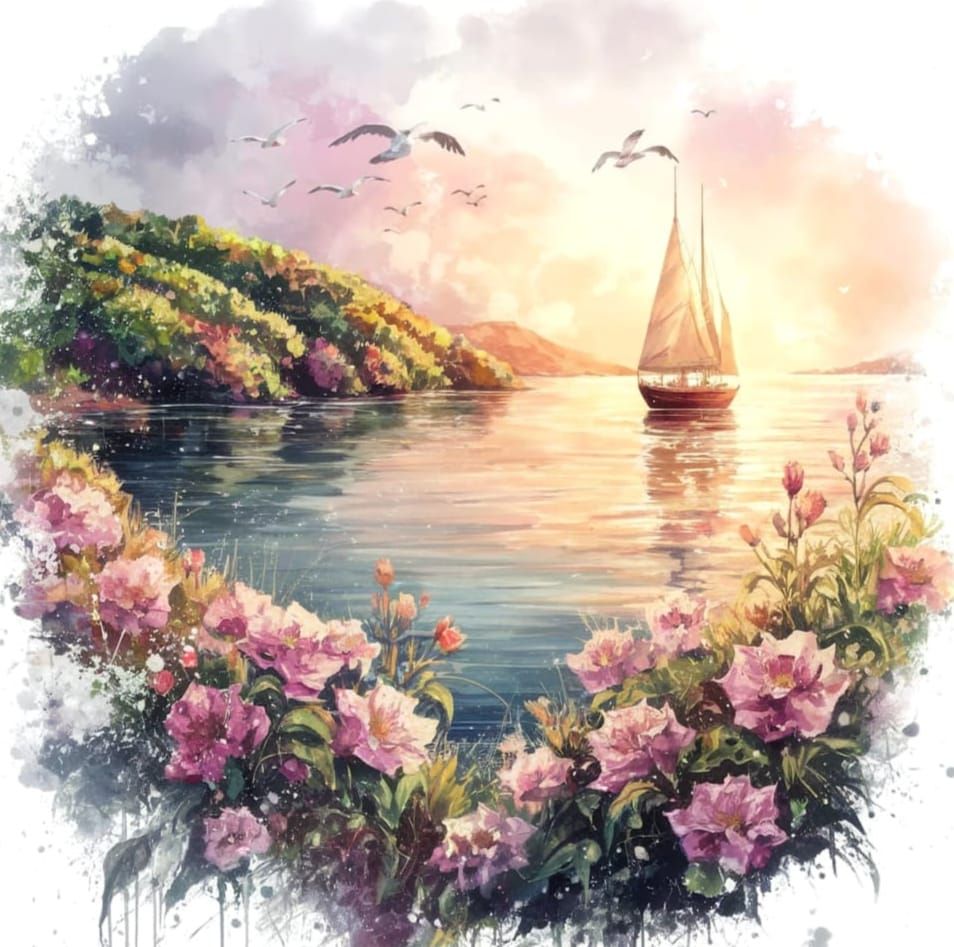 Vibrant Watercolour Yacht in Dawn Bay