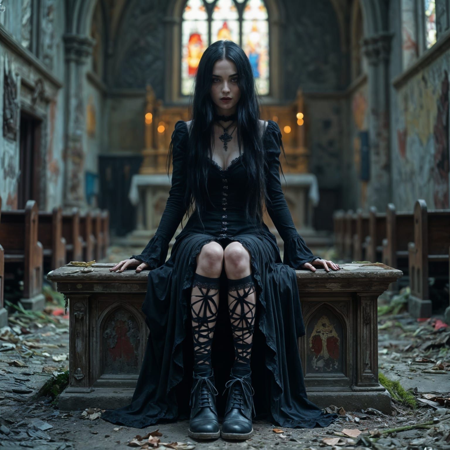Gothic Woman in Abandoned Church, Photorealistic Style