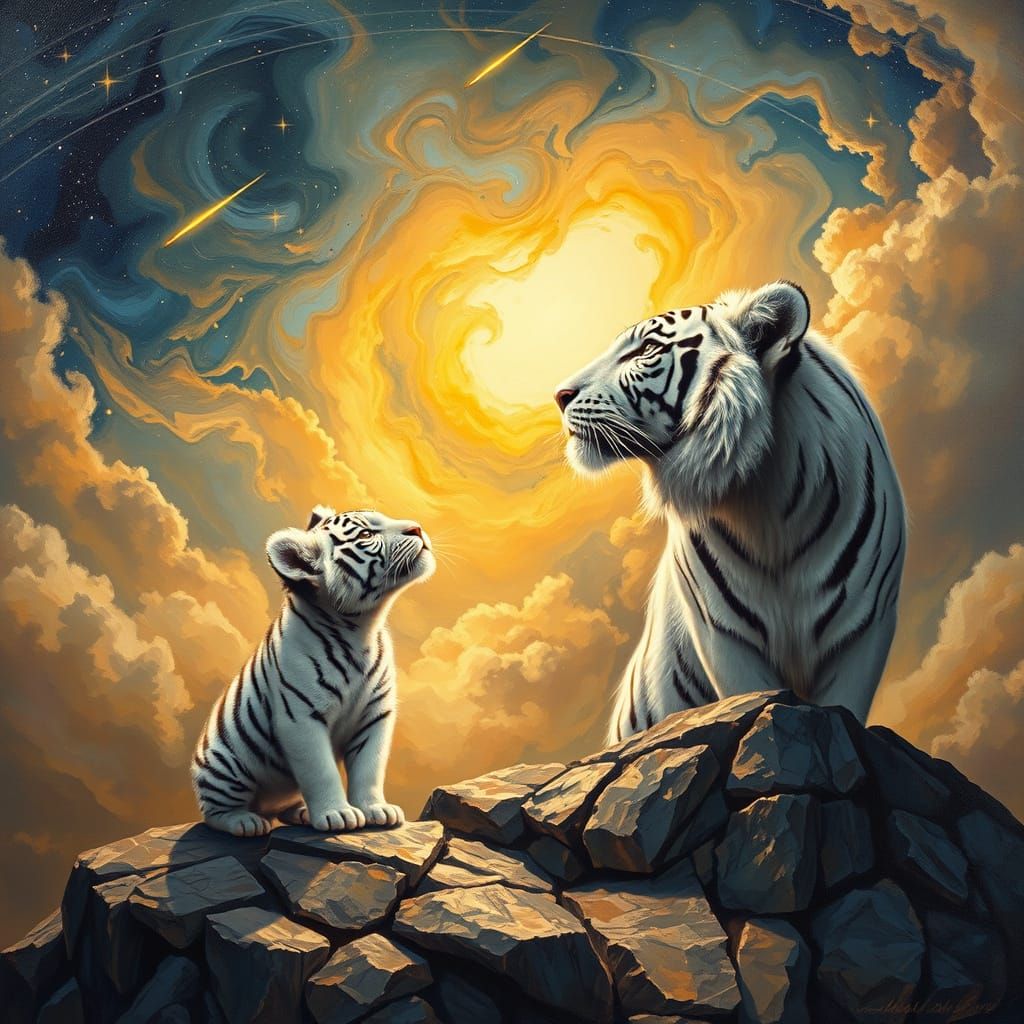 Majestic White Tiger Cub Under Starry Night Sky