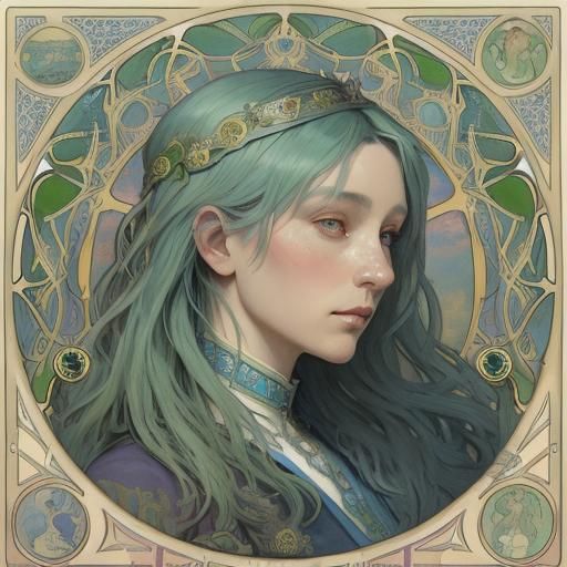 Art Nouveau Lady with Green and Blue Hair