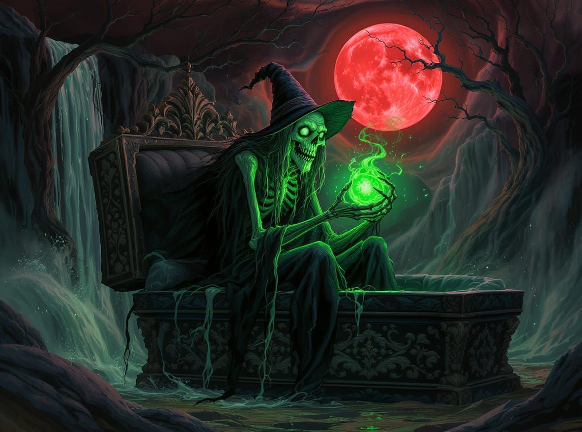 Skeletal Green Witch Holds Glowing Orb by Waterfall and Crim...