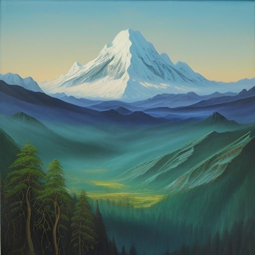 Surreal Mountain Range and Forest as Oil Painting