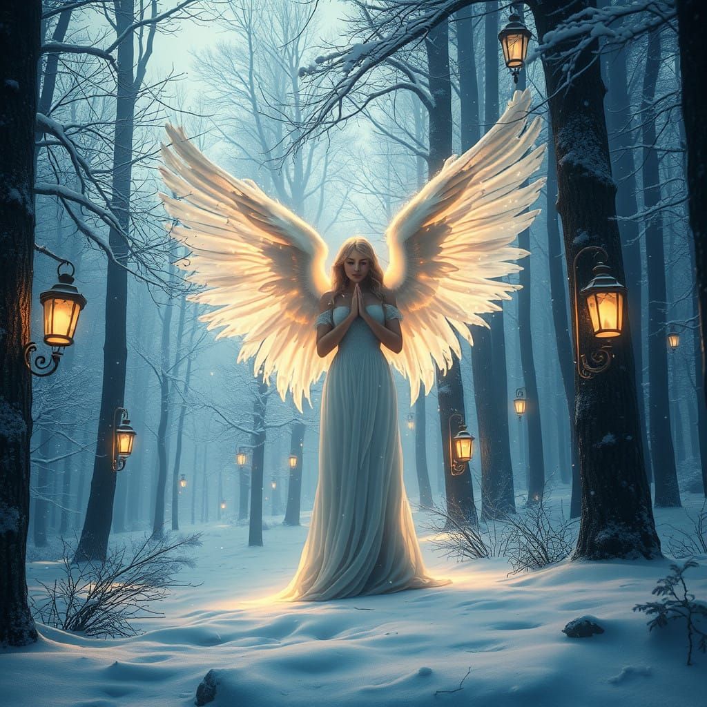 Serene Angel in Snowy Forest Scene