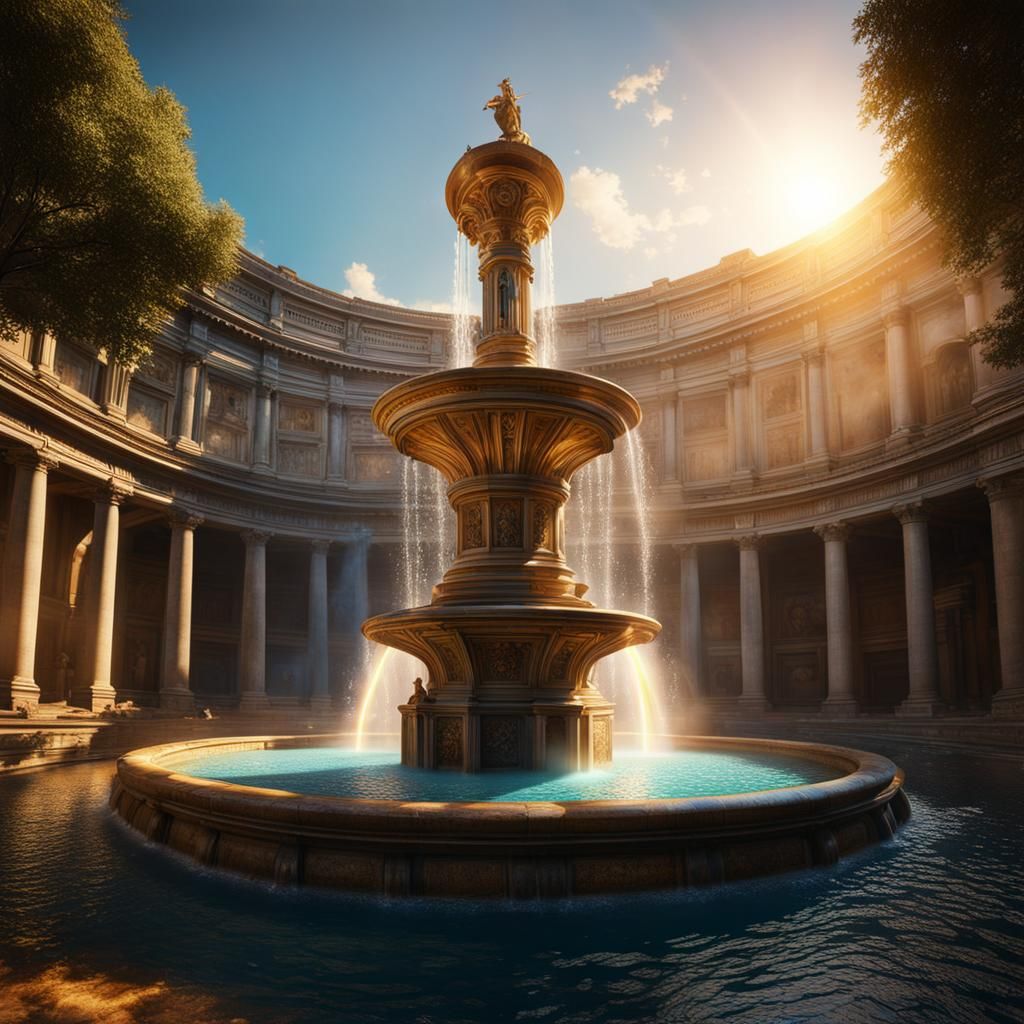 Ancient Rome Water Fountain with Rainbow