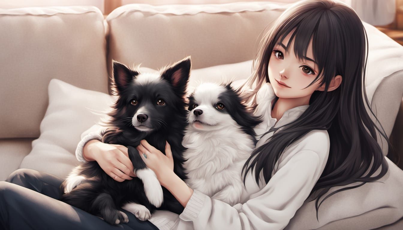 Anime Girl Cuddling Dog in Cozy Home, Manga Style