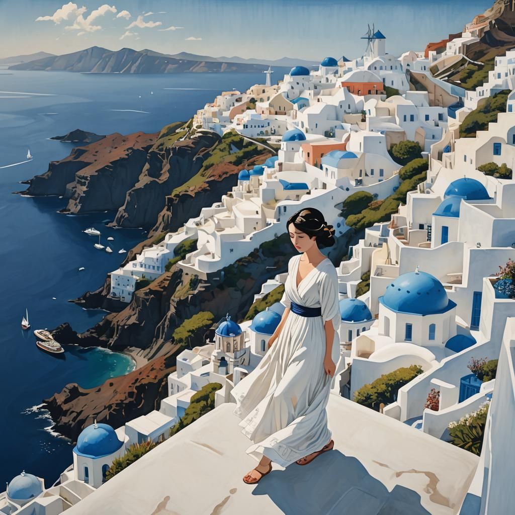 Greek Woman in Ukiyo-e Style, Santorini Backdrop