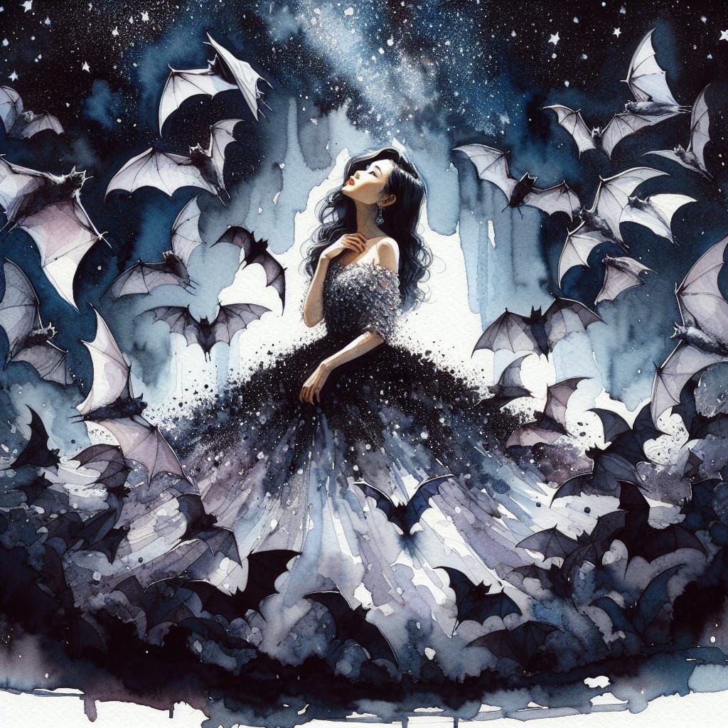 South Asian Woman in Bat Gown, Impressionistic Watercolor