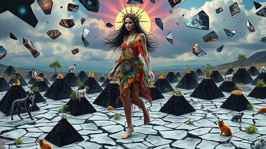 Mystical Woman Embodies Vibrant Ecosystems in Collage Style