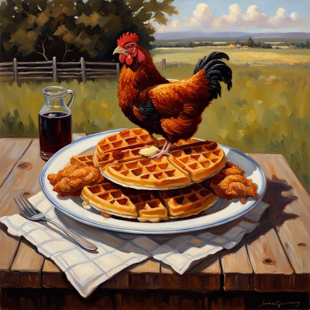Chicken and Waffles in Countryside: Oil Painting