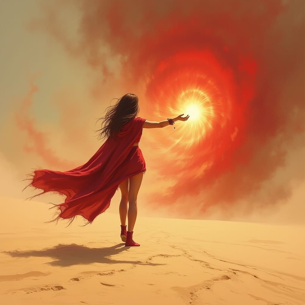 Enchantress Conjures Red Whirlwind in Desert Sandstorm