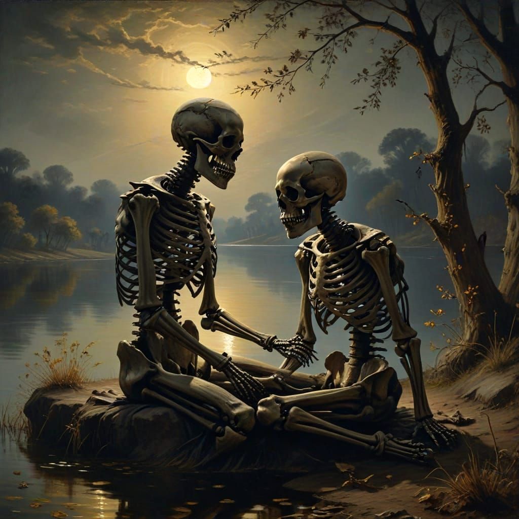 Skeletons' Moonlit Picnic: A Goya-esque Oil Painting