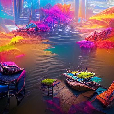 Colorful Lake Life in Cyberpunk Style