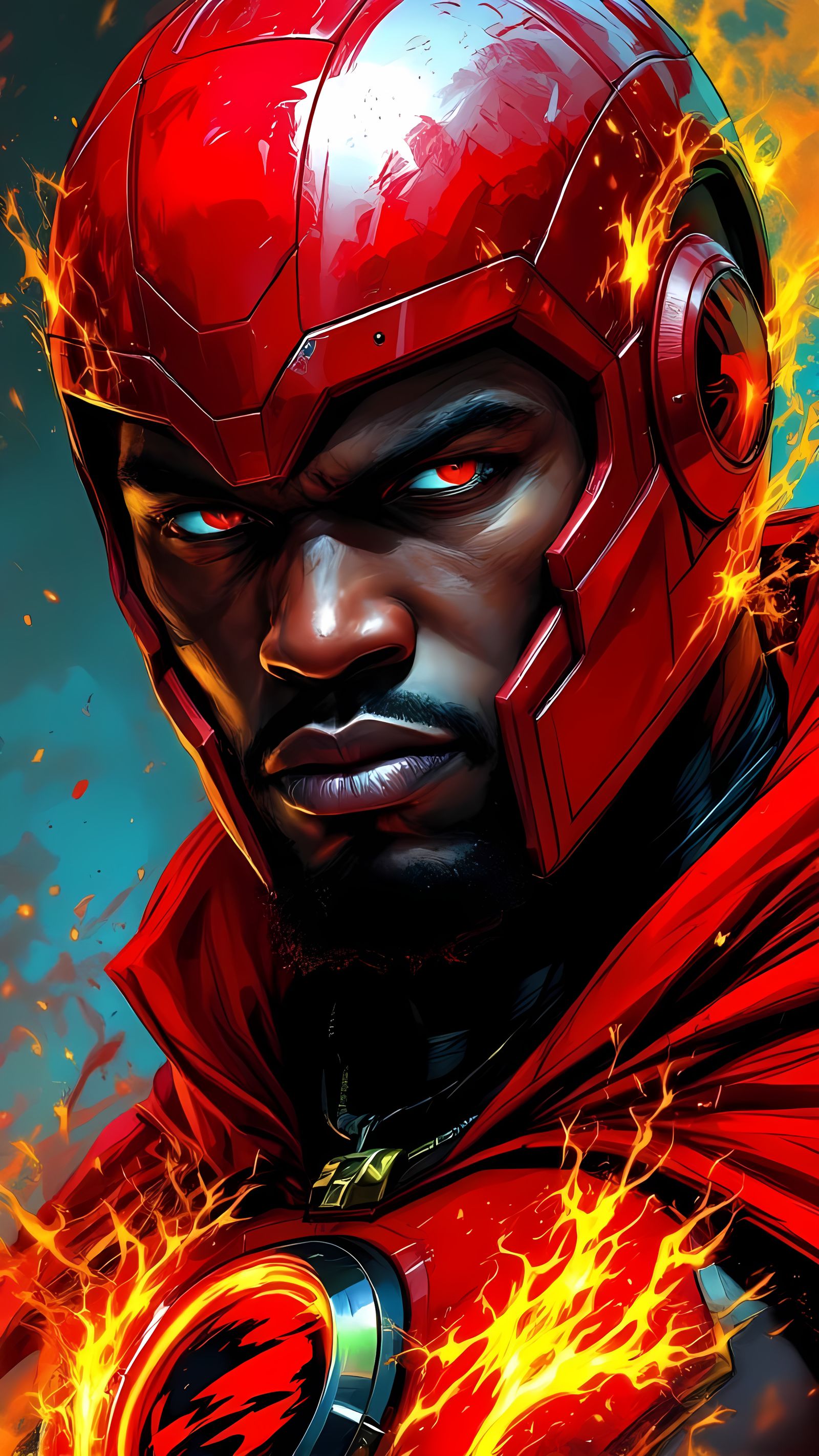 Hyperrealistic Superhero with Fireball Emblem in DC Comics S...