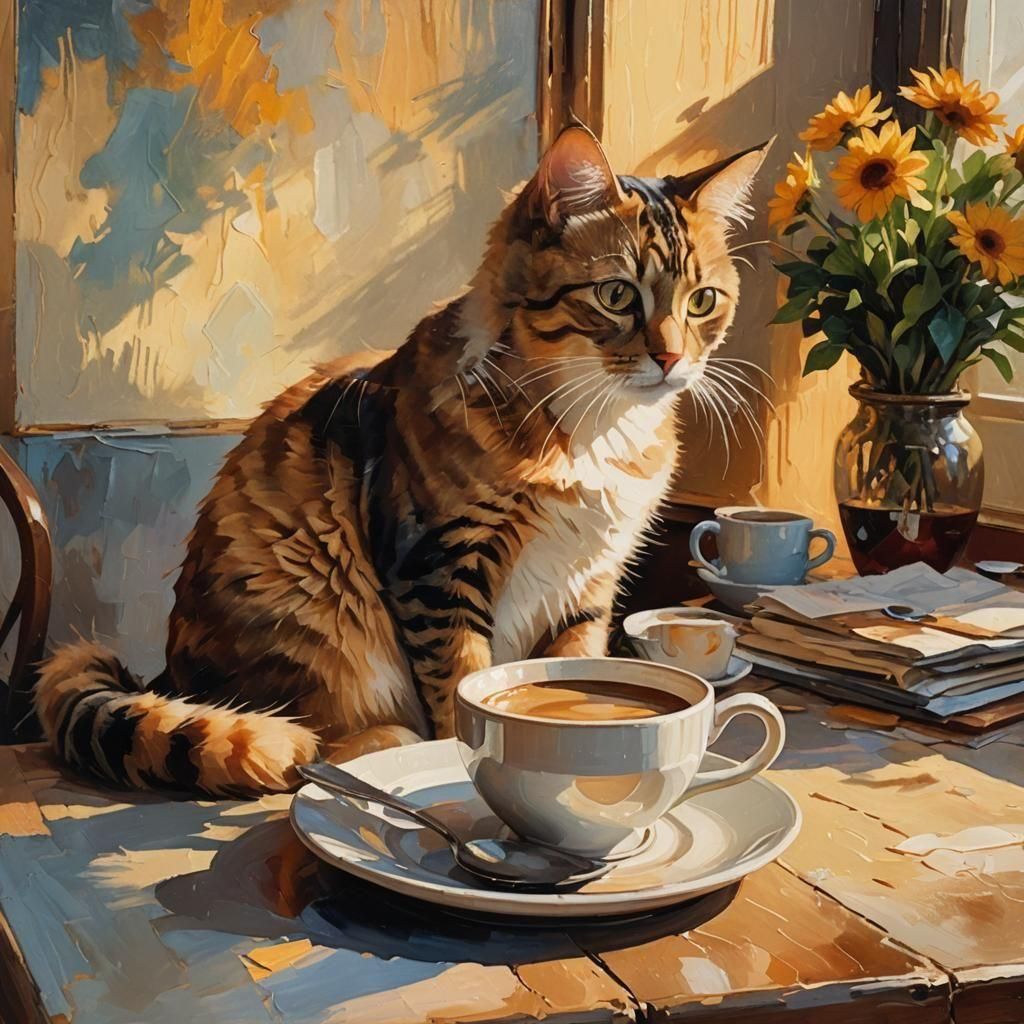 Ginger Cat Contemplates Coffee Cup on Table