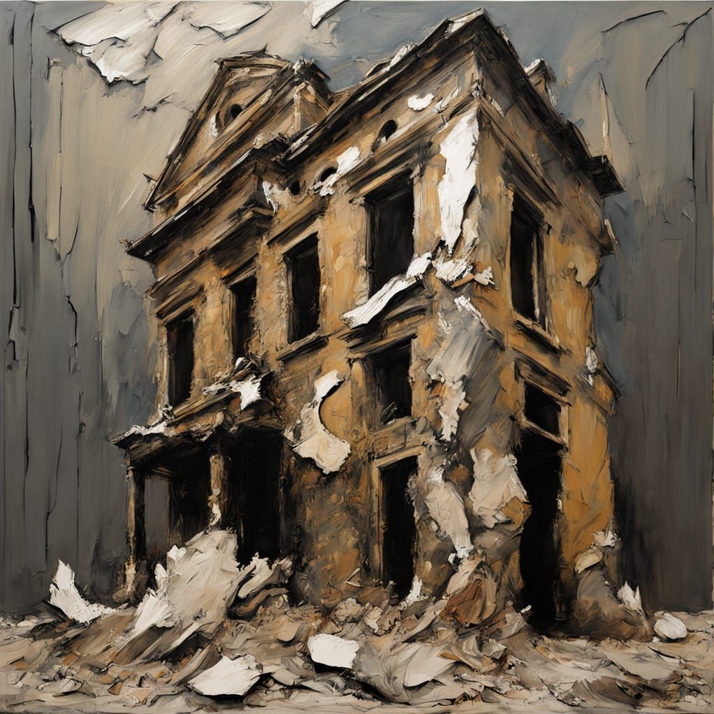 Earthy Expressionism: Crumbling Building in Barren Landscape
