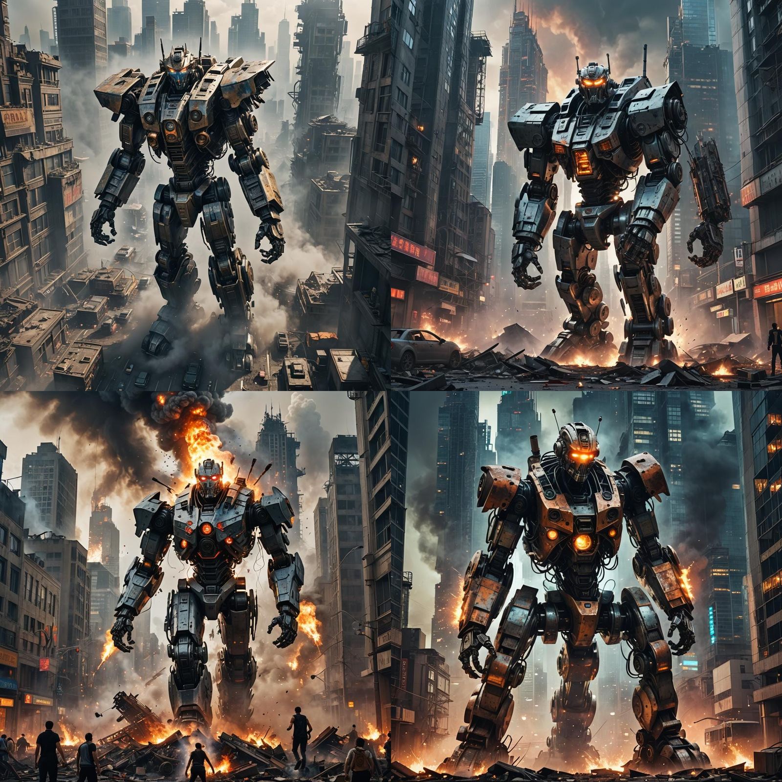 Giant Robot City Destruction in 1970s Sci-Fi Style