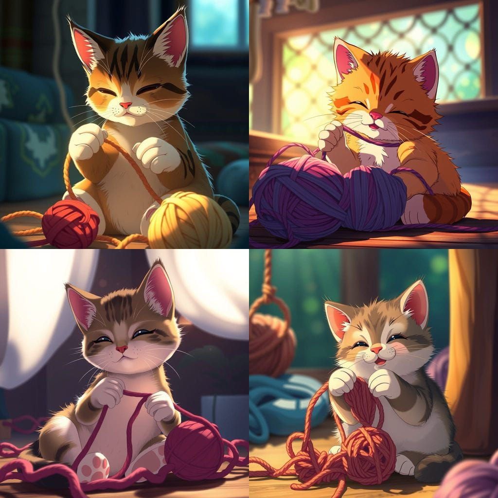 Whimsical Anime-Style Cat Enjoys Colorful Yarn