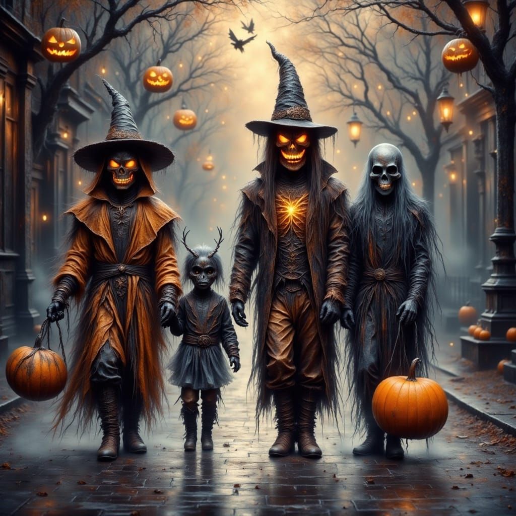 Children in Halloween Costumes on City Sidewalk