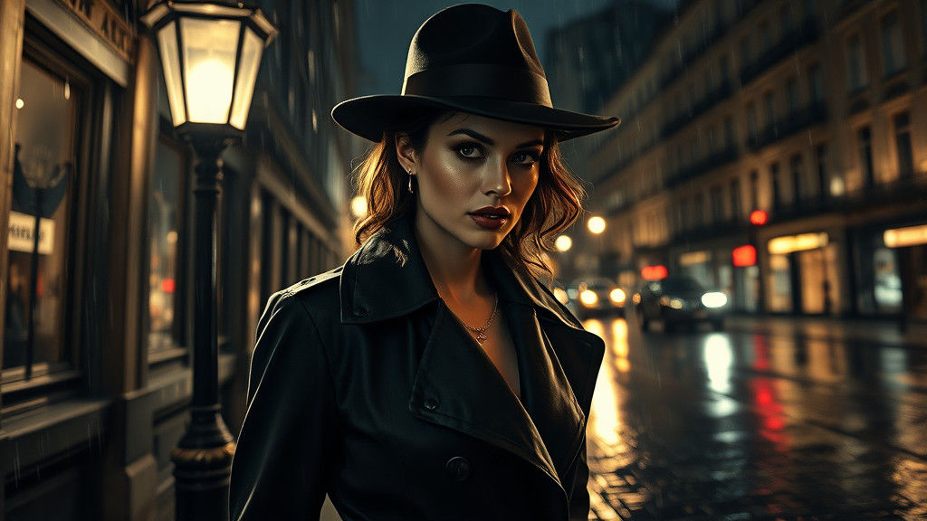 Film Noir Femme Fatale in Rain, Black and White