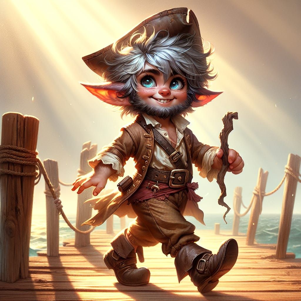 Mischief-Maker Gnome on Wooden Pier in Whimsical Fantasy Pai...