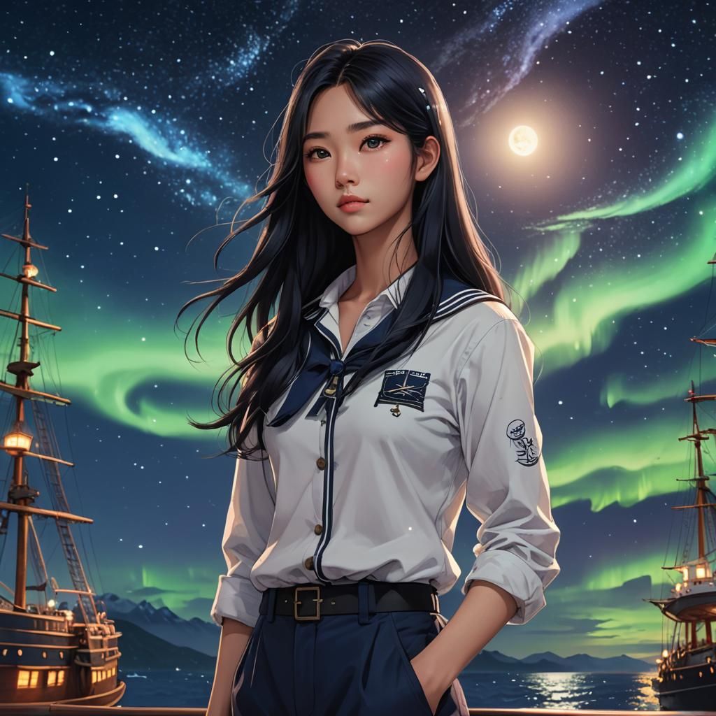 Gorgeous Asian Sailor Under Northern Lights in 3D Anime Styl...