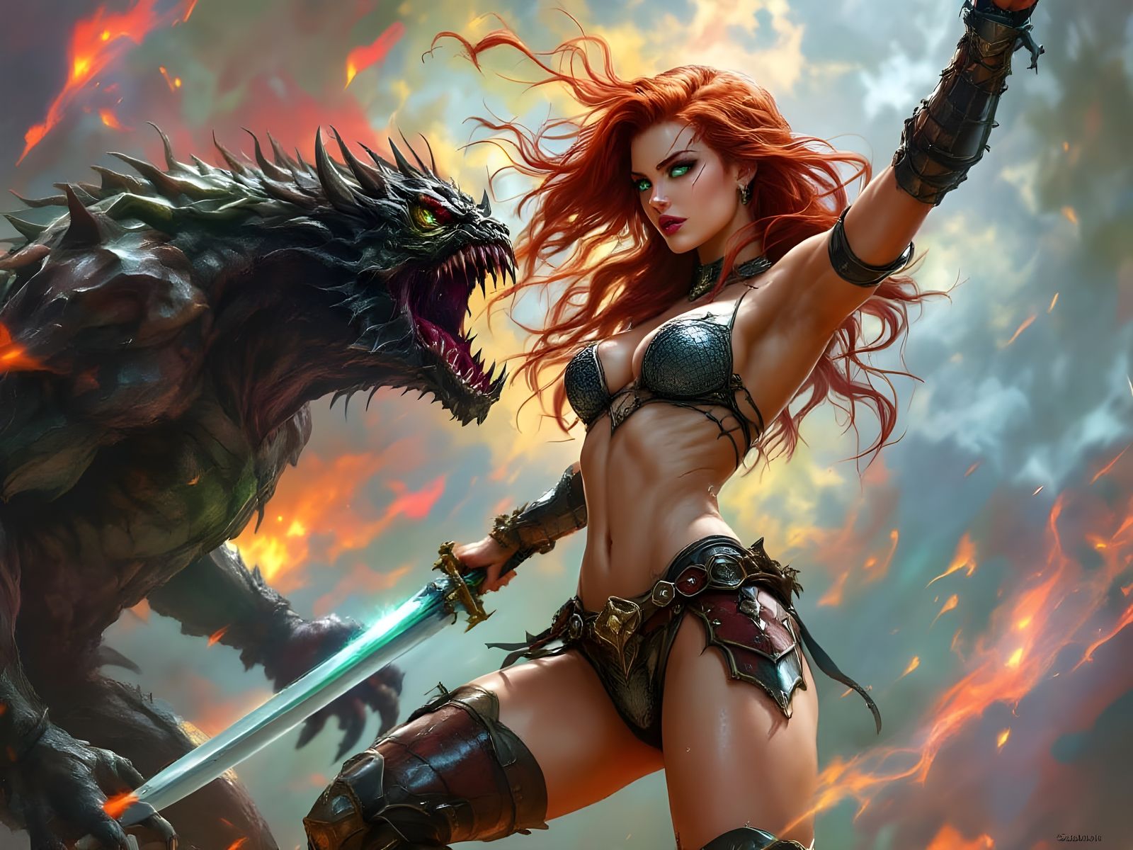 Fantasy Warrior Strikes Demonic Creature: Hyperrealistic Art