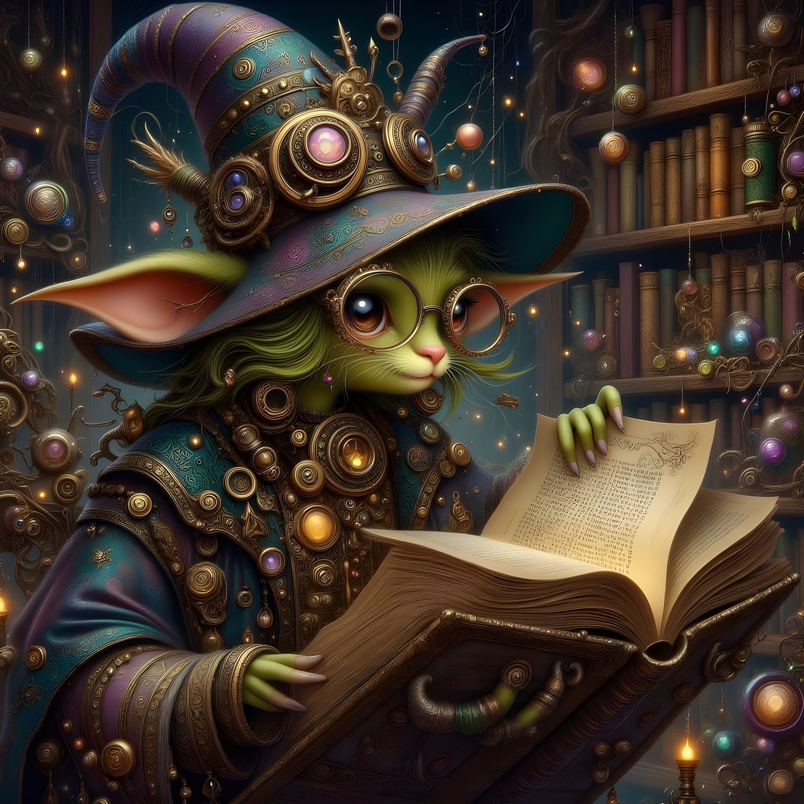 Steampunk Goblin in Bioluminescent Library, Digital Art