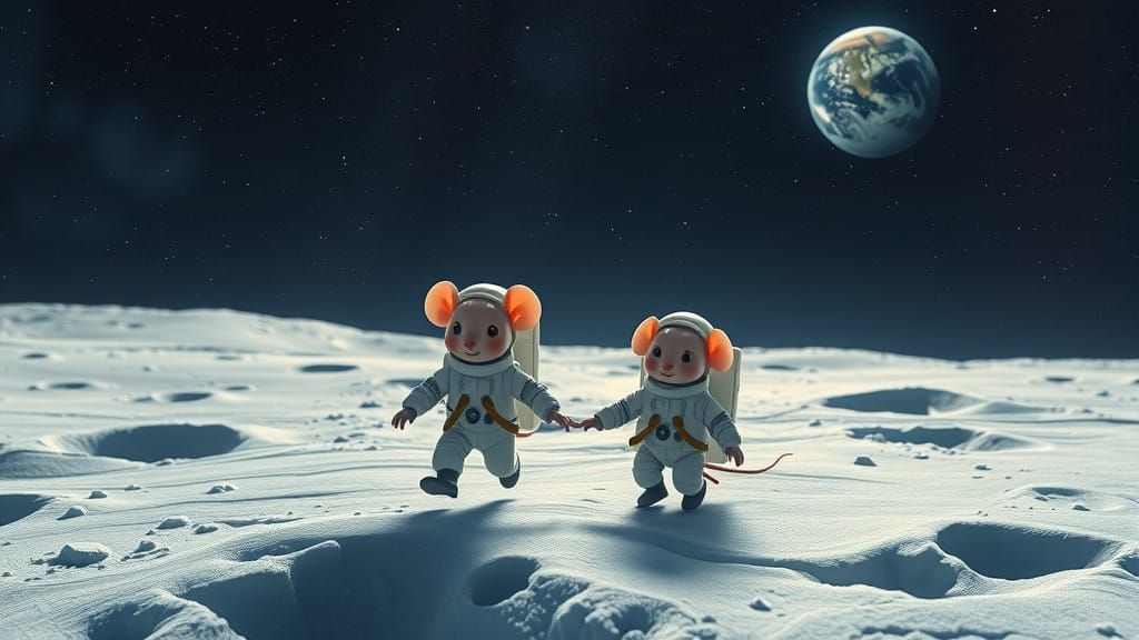 Father and Daughter Mice Explore Lunar Surface in Whimsical...