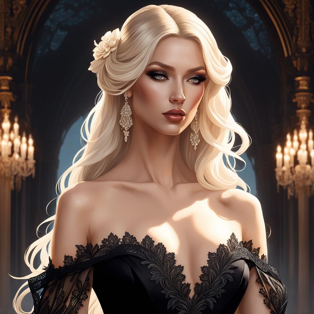 Elegant Woman in Black Lace Dress Portrait