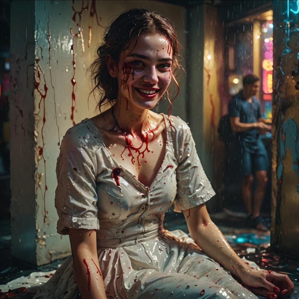 Vibrant Portrait of Smiling Woman with Blood