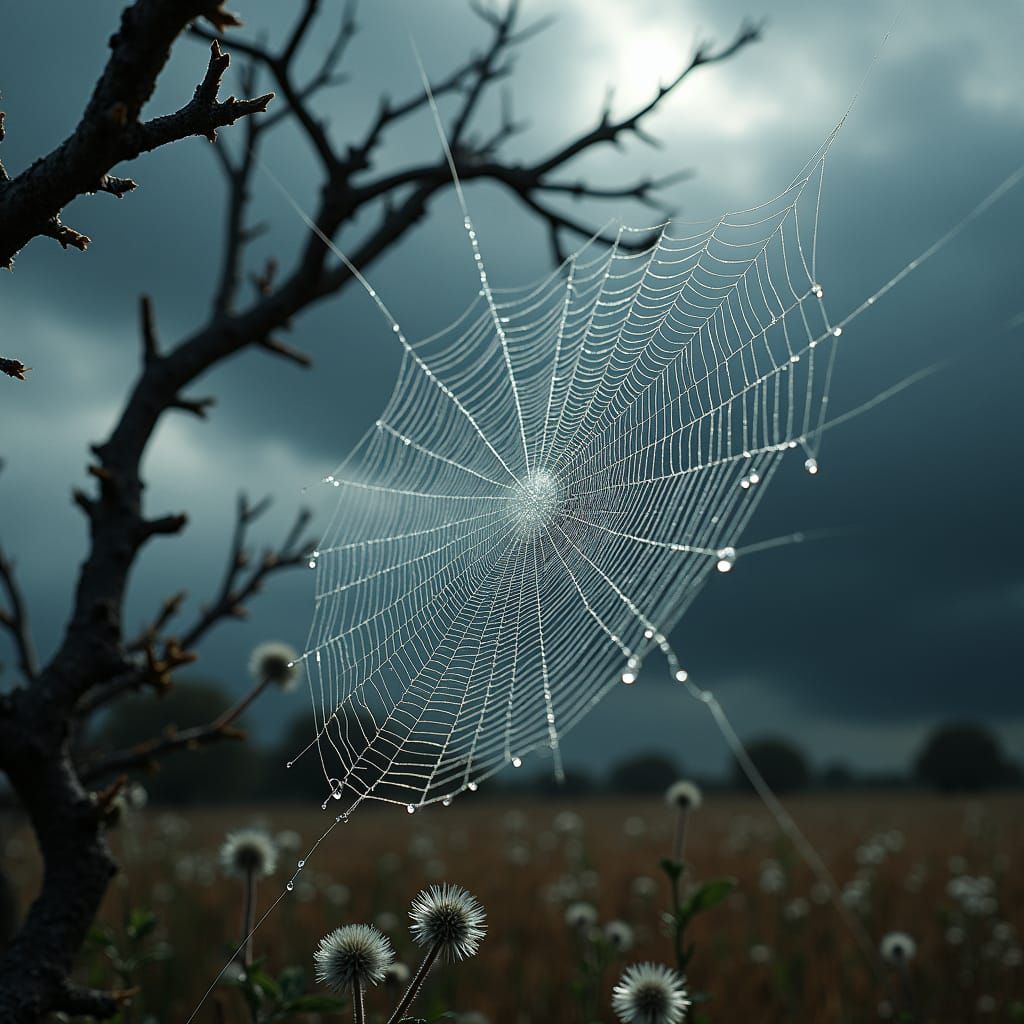 Spiderweb Glistening with Droplets in Atmospheric Style