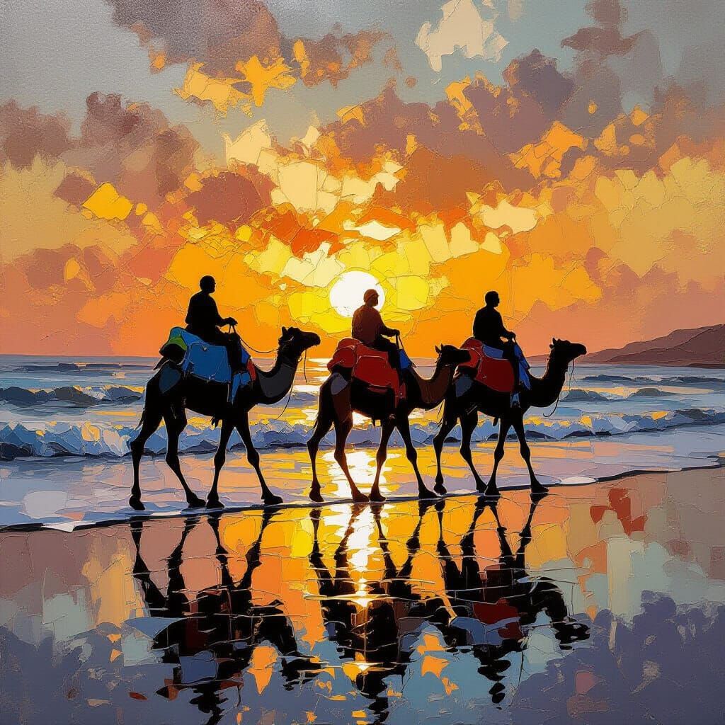 Camels on Reflective Shoreline: Surreal Impasto Oil Painting