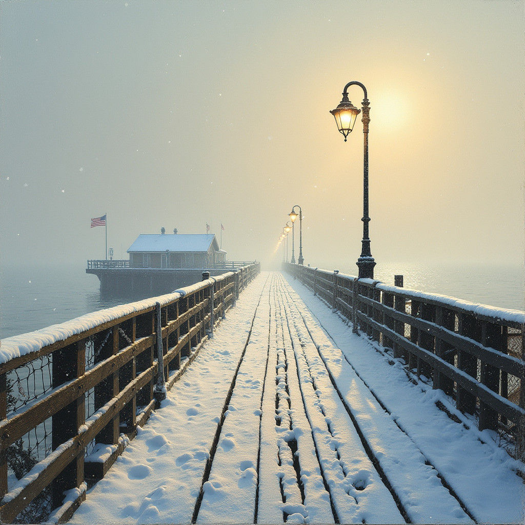 Snowy Santa Maria Pier at Dawn: Impressionistic Winter Scene