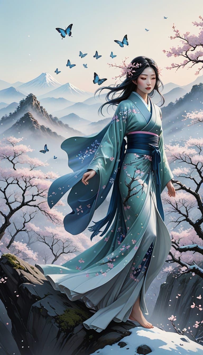 Serene Yuki-onna Walks Barefoot in Snowy Wonderland