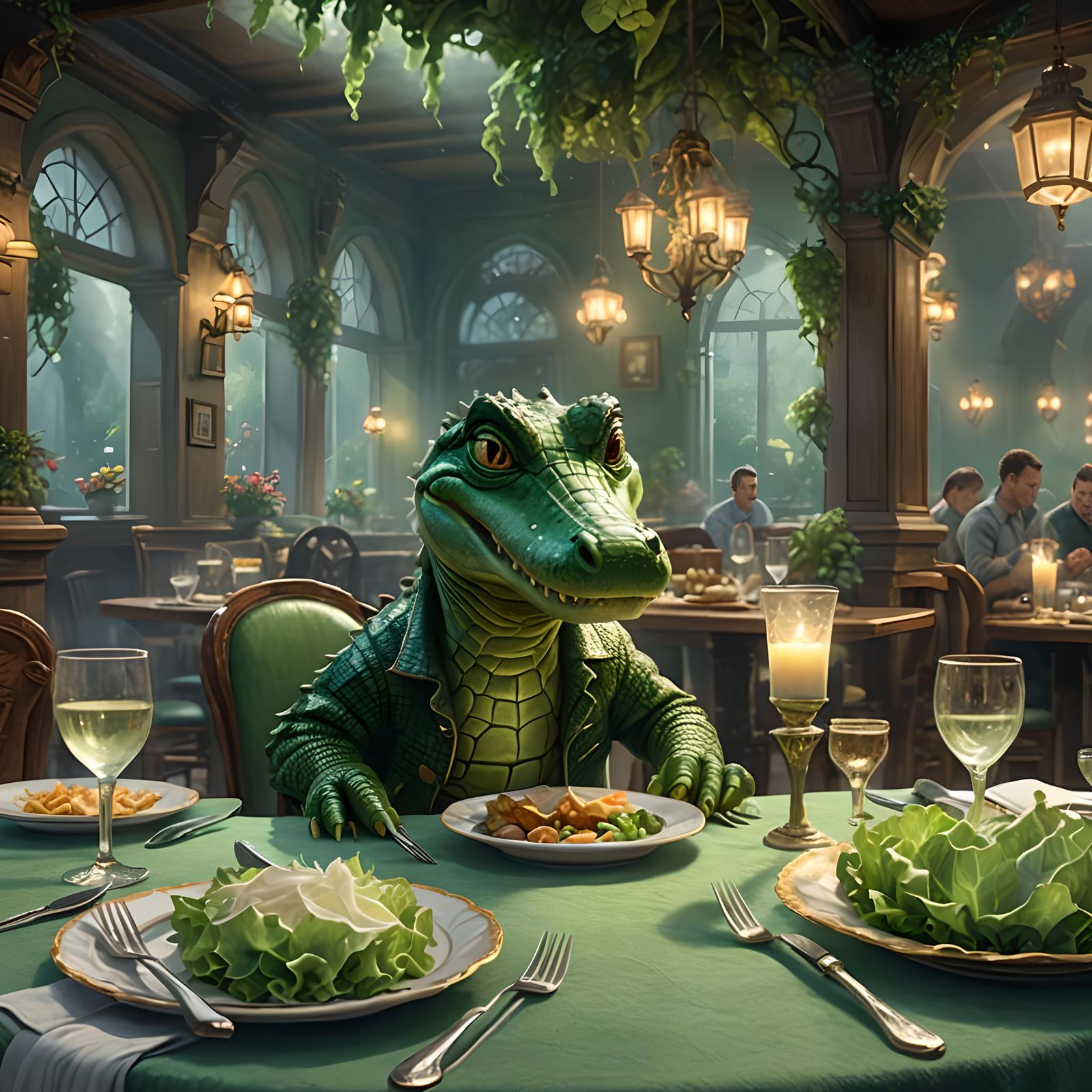 Alligator Ready to Eat Lettuce in Restaurant, Fantasy Art
