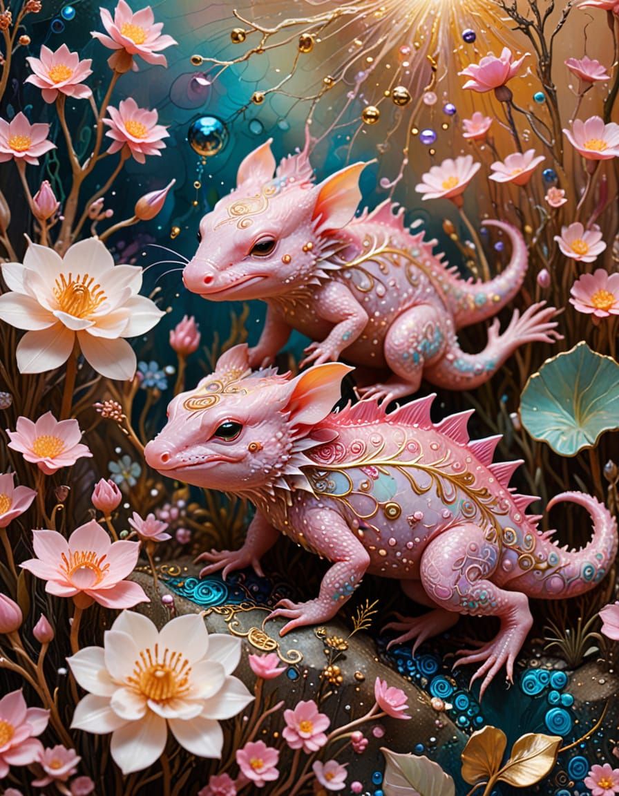 Surreal Oil Painting of Axolotl and Duckling