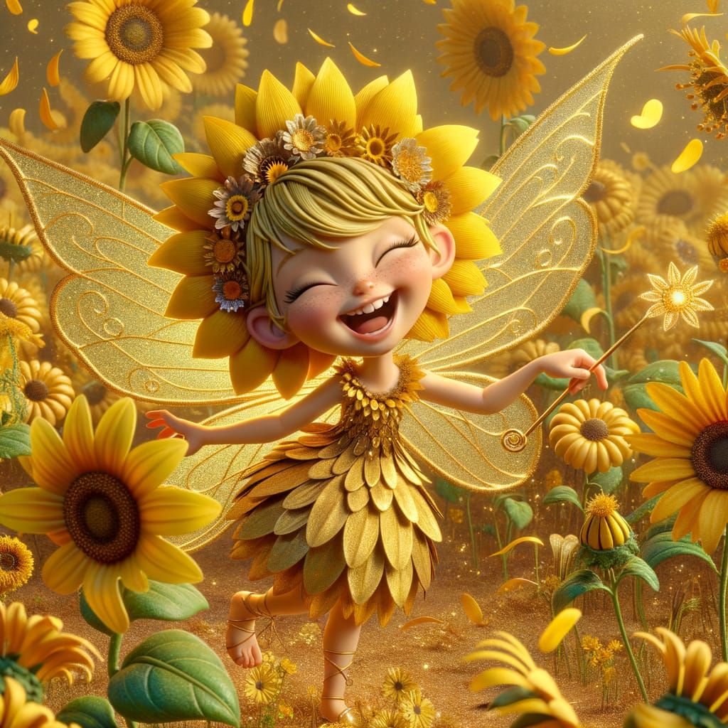 Golden Sunflower Fairy in Whimsical Fairytale Animation Styl...
