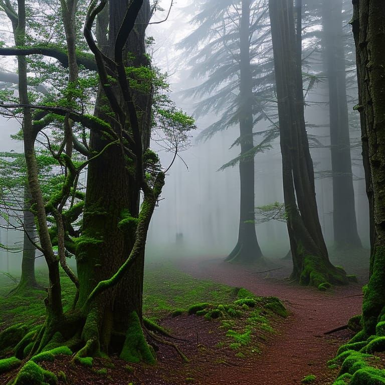 Spooky Forest: Twisted Trees in Dense Fog